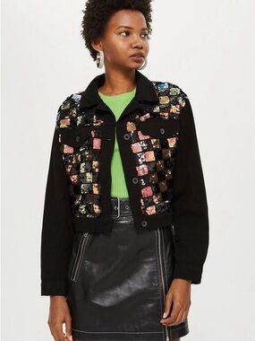 Topshop Y2K Black Cropped Sequin Patchwork Denim Jacket Music Festival